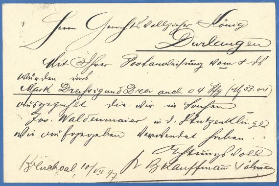 Postkarte geschäftlicher Art von der Hopfenhandlung B. Kauffmann Söhne, versandt am 10. Juli 1897 - Ausschnittvergrößerung Firmenstempel Postcard of a business nature from the hop shop B. Kauffmann Söhne, mailed July 10, 1897 - back of card