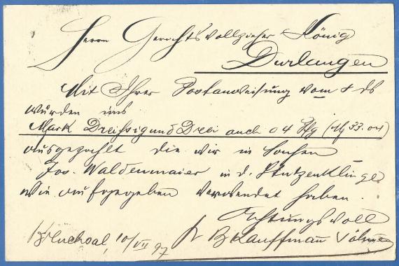 Postkarte geschäftlicher Art von der Hopfenhandlung B. Kauffmann Söhne, versandt am 10. Juli 1897  -  Kartenrückseite