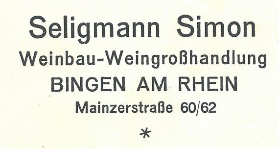 Geschäftspostkarte der Weingroßhandlung Seligmann Simon, versandt am 5. Dezember 1927  - Ausschnittvergrößerung Firmenadresse