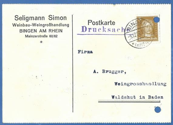 Geschäftspostkarte der Weingroßhandlung Seligmann Simon, versandt am 5. Dezember 1927  