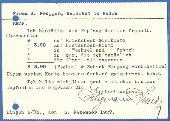 Geschäftspostkarte der Weingroßhandlung Seligmann Simon, versandt am 5. Dezember 1927  -  Kartenrückseite