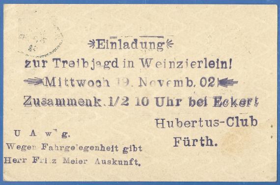 Postkarte - Einladung zur Treibjagd - an Herrn S. Rosenhaupt, versandt am 14. November 1902 - Kartenrückseite