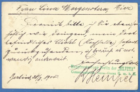 Postcard to Mrs. Lina Morgenstern, mailed March 30, 1900 - back of card