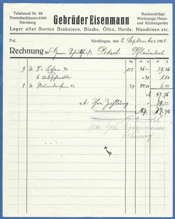 Invoice of the Eisenmann Brothers dated September 8, 1928