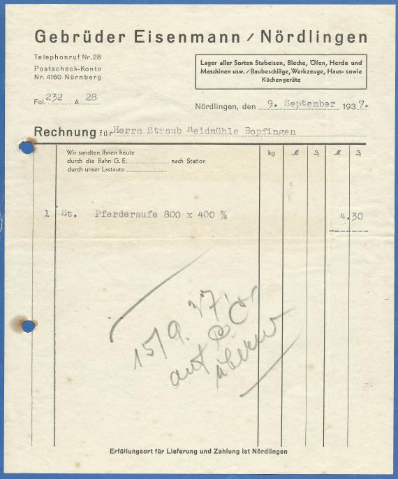 Invoice from the Eisenmann brothers dated September 9, 1937