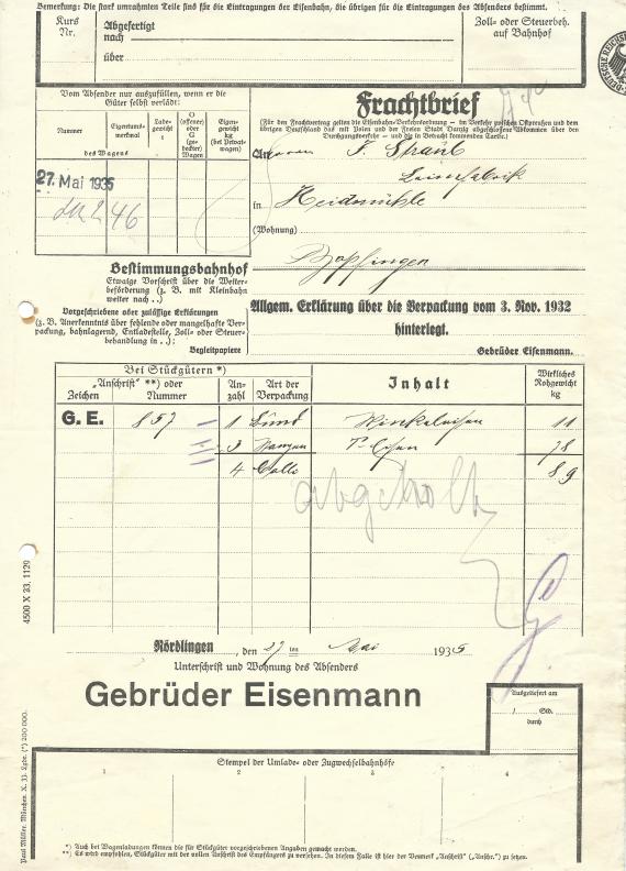 Frachtbrief der Gebrüder Eisenmann vom 27. Mai 1935  - Vorderseite