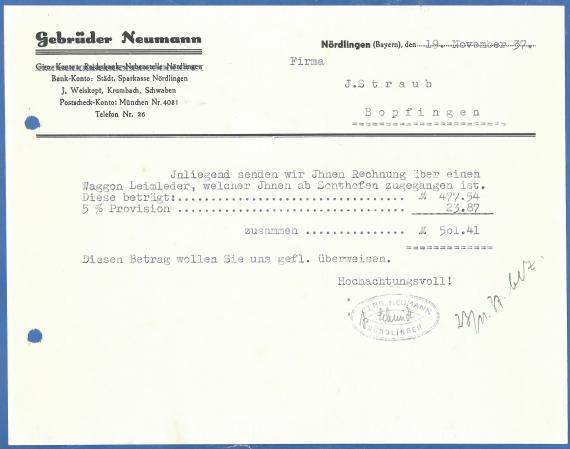 Neumann Brothers Invoice of November 19, 1937