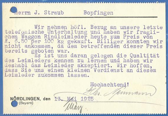 Geschäftspostkarte der Gebrüder Neumann, - versandt am 13. März 1925  -  Kartenrückseite