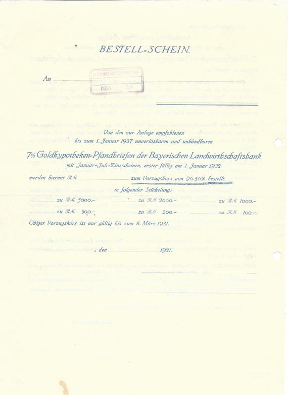 Offerte - Bankgeschäft Ludwig Rosenfelder Offer from the bank Ludwig Rosenfelder for gold mortgage bonds of the Bayerische Landwirtschaftsbank 1931 - back of sheet