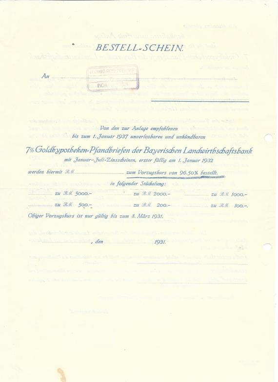 Offerte vom Bankgeschäft Ludwig Rosenfelder für Goldhypotheken-Pfandbriefe der Bayerischen Landwirtschaftsbank 1931 - Blatt-Rückseite