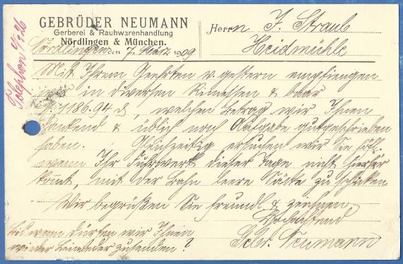 Geschäftspostkarte der Gerberei und Rauhwarenhandlung Gebrüder Neumann, - versandt am 7. März 1909  -  Kartenrückseite