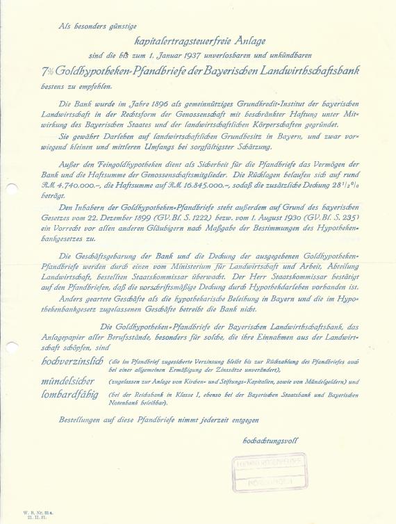 Offerte - Ludwig Rosenfelder Offer from the bank Ludwig Rosenfelder for gold mortgage bonds of the Bayerische Landwirtschaftsbank 1931