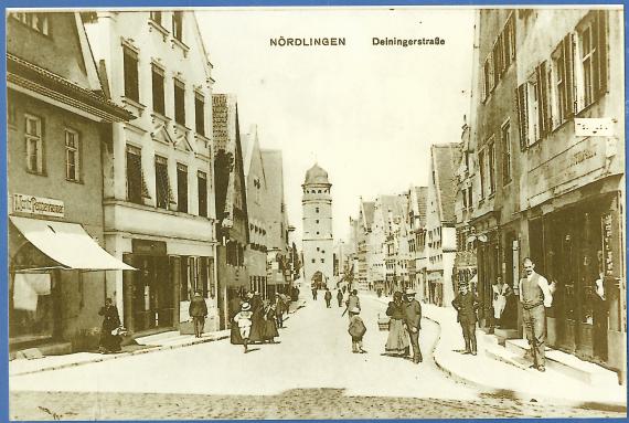 Historische Ansichtskarte Nördlingen - Deiningerstraße aus dem Jahr 1912 - mit dem Geschäft von  Moritz Pappenheimer