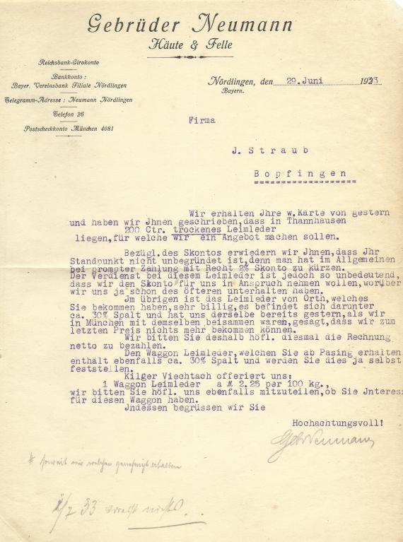 Geschäftsschreiben der Gebrüder Neumann vom 29. Juni 1923