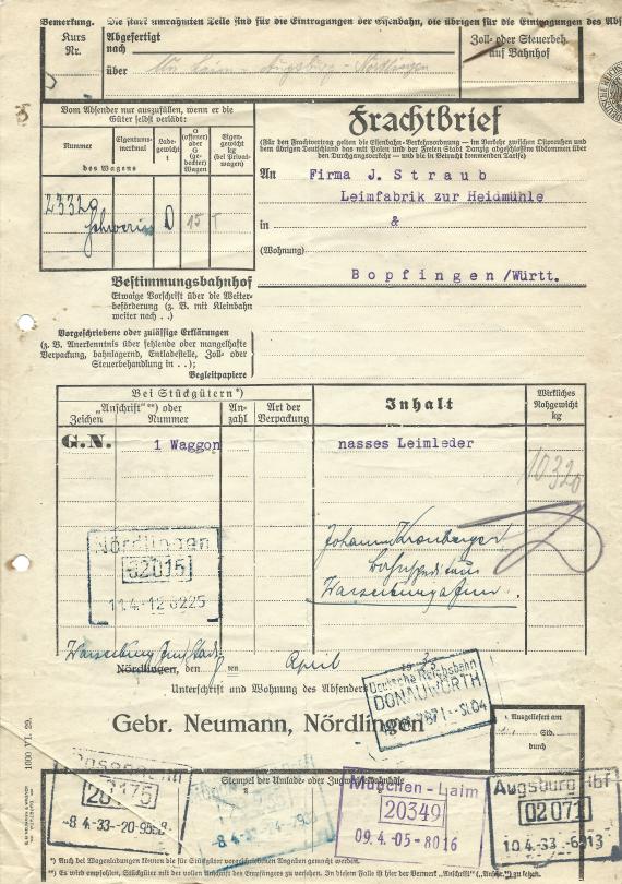 Waybill of the Neumann Brothers from April 1933