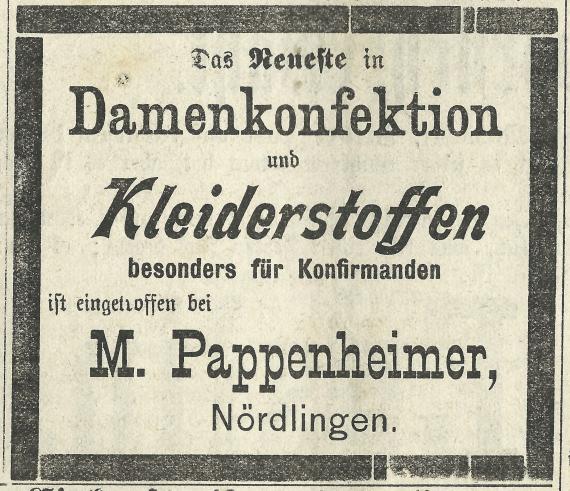 Newspaper advertisement by Moritz Pappenheimer in the Bopfinger Tagblatt of March 10, 1903