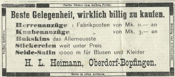 Advertisement by - H.L.Heimann - in the Bopfinger Tagblatt of March 7, 1903