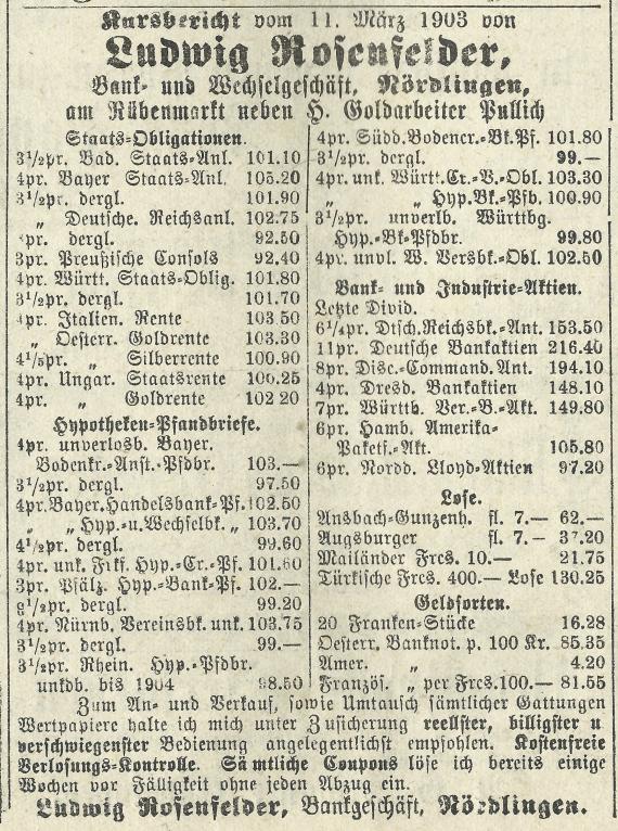 Zeitungsinserat von Ludwig Rosenfelder im Bopfinger Tagblatt vom 12. März 1903