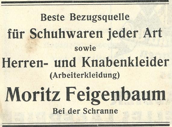 Werbeanzeige von Moritz Feigenbaum im Inseratenteil des Einwohnerbuchs für Nördlingen, Oettingen, Harburg, Wassertrüdingen, Wemding und für die Rieser Ortschaften 1926