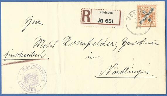 Registered letter to Mr. Moses Rosenfelder, merchant in Nördlingen, - sent on December 17, 1907