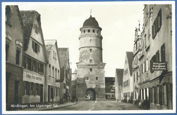 Historische Ansichtskarte Nördlingen - Löpsingerstraße mit Metzgerei M. Rakofsky, - versandt 16. Juli 1932  