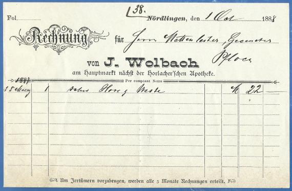 Rechnung von Julius Wolbach, ausgestellt am 1. Oktober 1888 