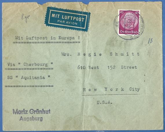 Briefumschlag von Moritz Grünhut, versandt am 7. Februar 1938 nach New York City  