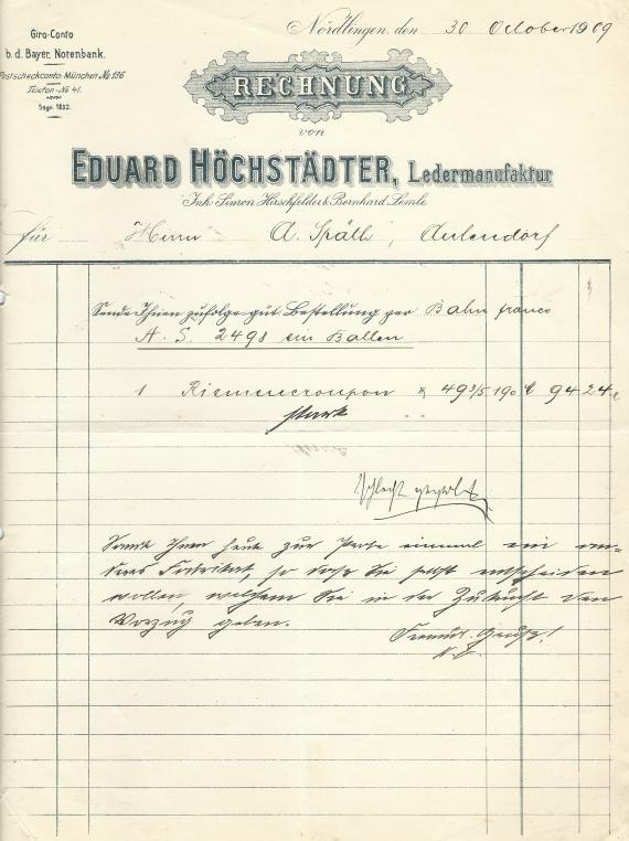 Rechnung von der Ledermanufaktur Eduard Höchstädter, ausgestellt am 30. Oktober 1909