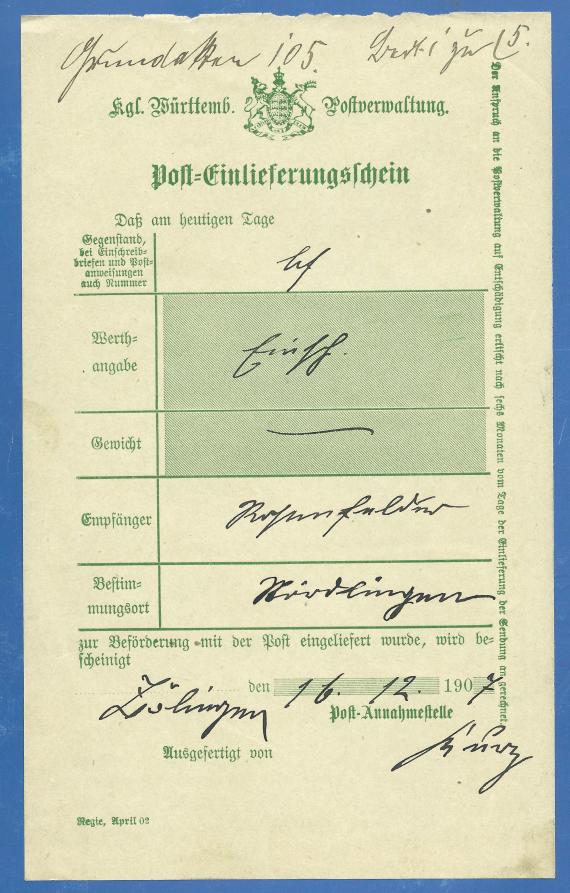 Post-Einlieferungsschein an Moses Rosenfelder, aufgegeben am 16. Dezember 1907