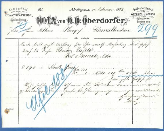 Nota von David Bernhard Oberdorfer, - geschrieben am 14. Februar 1882  