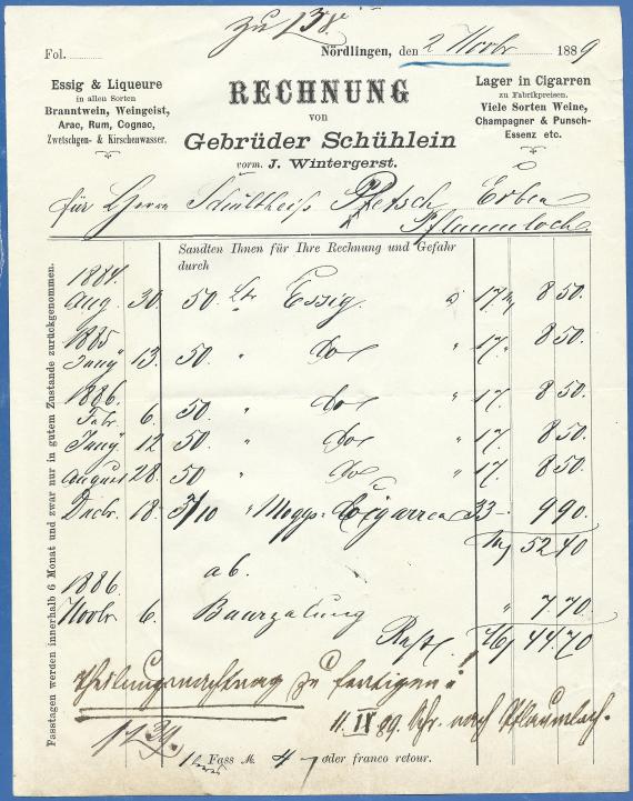 Rechnung - Wein-und Spirituosenhandlung Gebrüder Schühlein Invoice of the wine and spirits shop Gebrüder Schühlein dated November 2, 1889