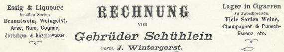 Rechnung - Wein-und Spirituosenhandlung Gebrüder Schühlein Invoice of the wine and spirits shop Gebrüder Schühlein dated November 2, 1889 - detail enlargement letterhead
