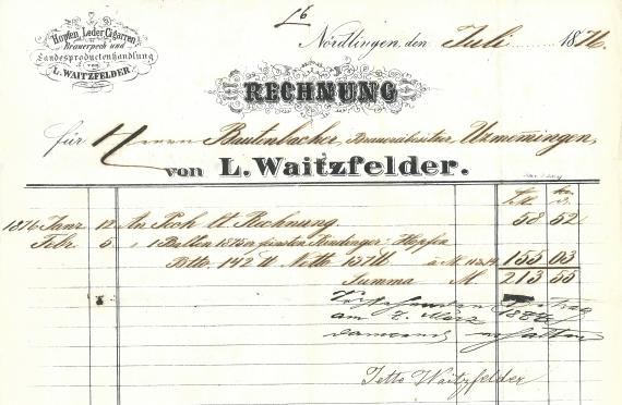 Rechnung von Levi Waitzfelder, - ausgestellt im Juli 1876 