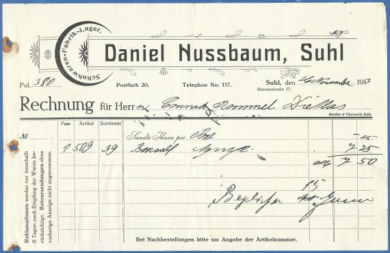 Rechnung der Schuhwarenfabrik - Lager  -  Daniel Nussbaum vom 26. November 1913 