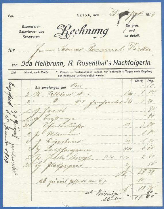 Rechnung von Ida Heilbrunn, A. Rosenthal´s Nachfolgerin, Geschäft für Eisenwaren, Galanterie- und Kurzwaren  - En gros und en detail, - ausgestellt am 28. August 1913  