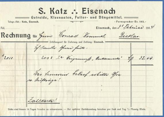 Invoice from S.Katz, grain, clover seeds, feed and fertilizer, written on February 3, 1914.