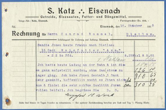 Rechnung von S. Katz, Getreide,Kleesaaten, Futter- und Düngemittel, - geschrieben am 16. Oktober 1913