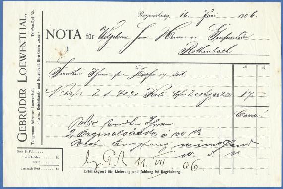 Nota - Gebrüder Löwenthal, grain and country products, feed materials, seeds, fertilizers, corn import, - shipped June 16, 1906.