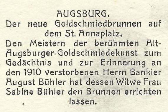 Goldschmiedebrunnen - Sabine Bühler Historical picture postcard with the Goldsmith's fountain, - sent on June 13, 1914 - detail enlargement text