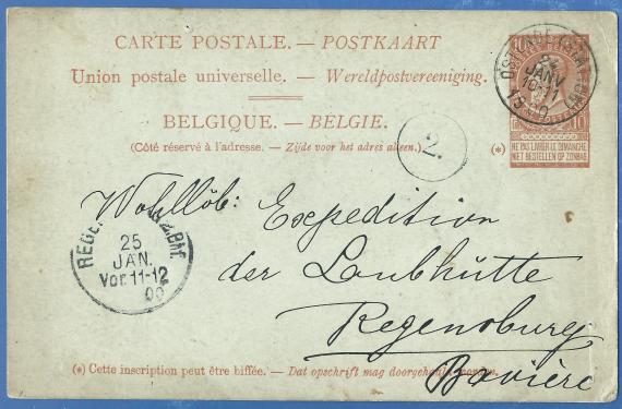 Postkarte an die Wohllöb. Expeditidition der Laubhütte, - versandt am 24. Januar 1900 von Ostende in Belgien