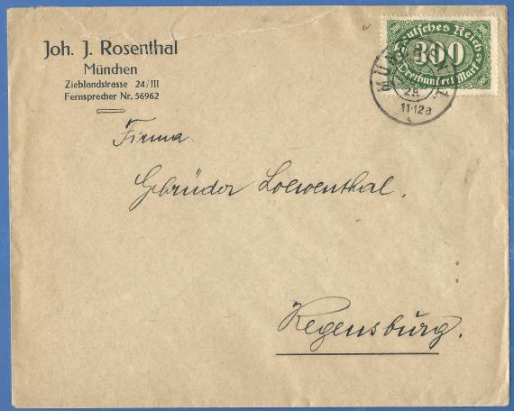 Briefumschlag an die Firma Gebrüder Löwenthal, versandt am 13. Juli 1923