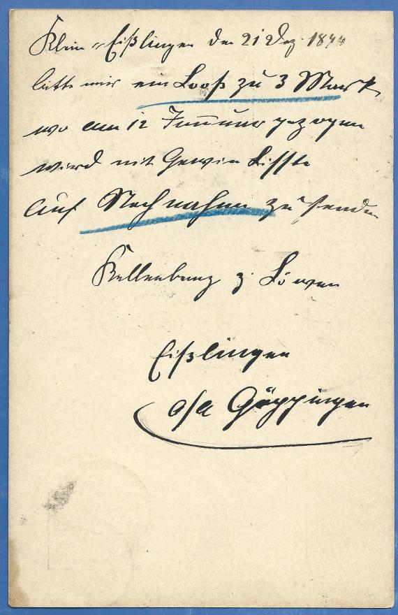 Postcard of a business nature to Mr. Max Weinschenk, - mailed December 21, 1894 - back of card