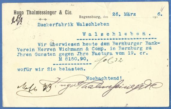 Geschäftspostkarte vom Bankgeschäft Hugo Thalmessinger & Cie, - versandt am 26. März 1906  -  Kartenrückseite