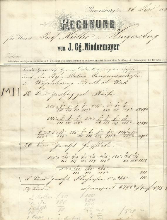 Brief-Rechnung von J. Gg. Niedermayer, - versandt am 26. Septeber 1864  - Innenseite