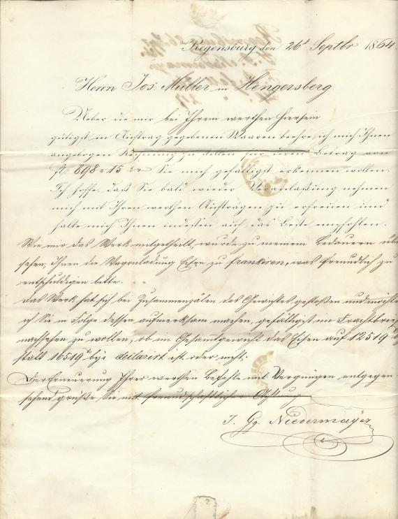 Brief-Rechnung von J. Gg. Niedermayer, - versandt am 26. Septeber 1864  - Briefinnenseite