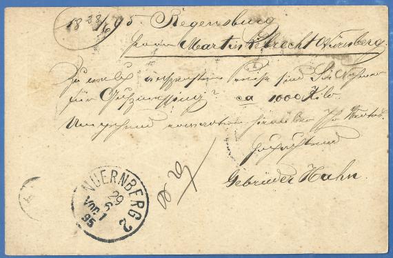 Postkarte geschäftlicher Art der Gebrüder Hahn, - versandt am 28. Juni 1895  - Kartenrückseite