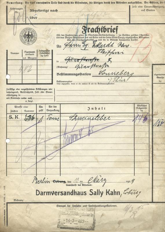 Frachtbrief - Sally Kahn Frachtbrief - Darmversandhaus Sally Kahn, - ausgestellt am 13. März 1929