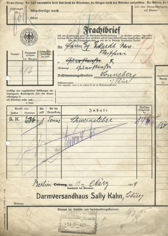 Frachtbrief - Darmversandhaus Sally Kahn, - ausgestellt am 13. März 1929