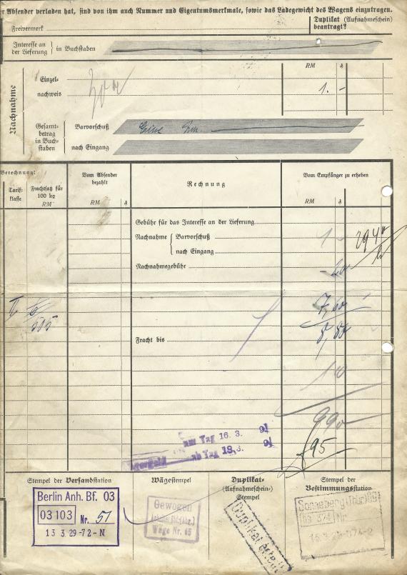 Frachtbrief - Darmversandhaus Sally Kahn, - ausgestellt am 13. März 1929  -  umgeschlagene Seite