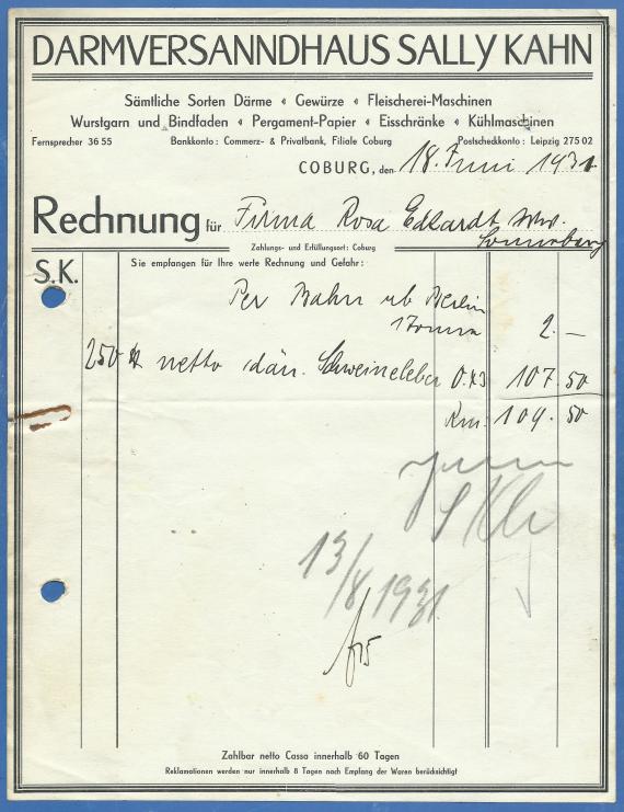 Rechnung - Darmversandhaus Sally Kahn Rechnung - Darmversandhaus Sally Kahn, ausgestellt am 18. Juni 1931